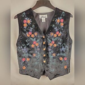 Vintage Effeci Black Velvet Vest Wood Bead Embellishments Floral Lined Large